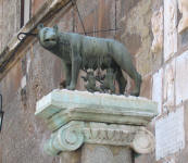 De leeuw die Romulus en Remus voedt.